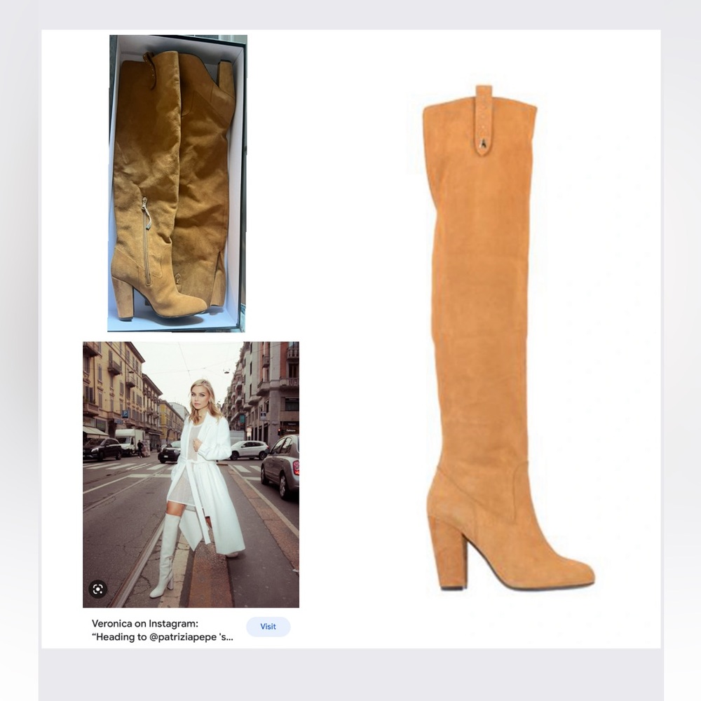 New in box flawed Patrizia Pepe camel suede over the knee heeled boots 37 7